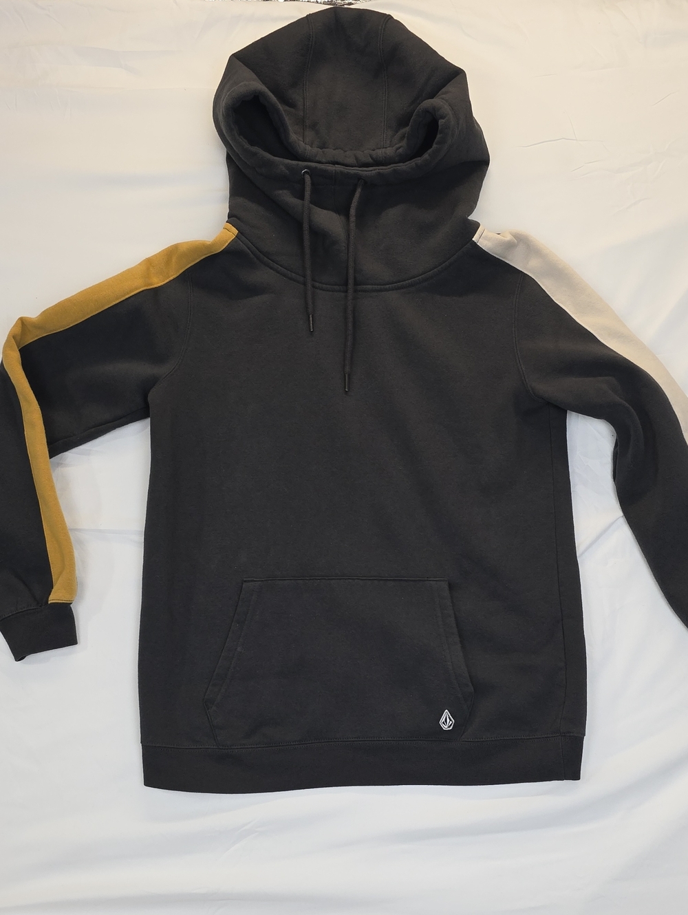 Volcom Black Hoodie with Mustard and Cream Sleeve Panels XS